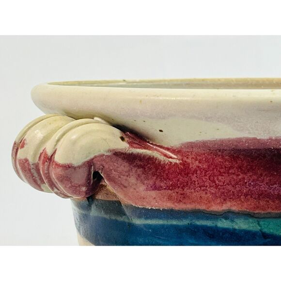 Studio Art Pottery Signed White Salmon Bowl w/ Lid Blue Pink Handle Dip Mixing - Picture 3 of 9